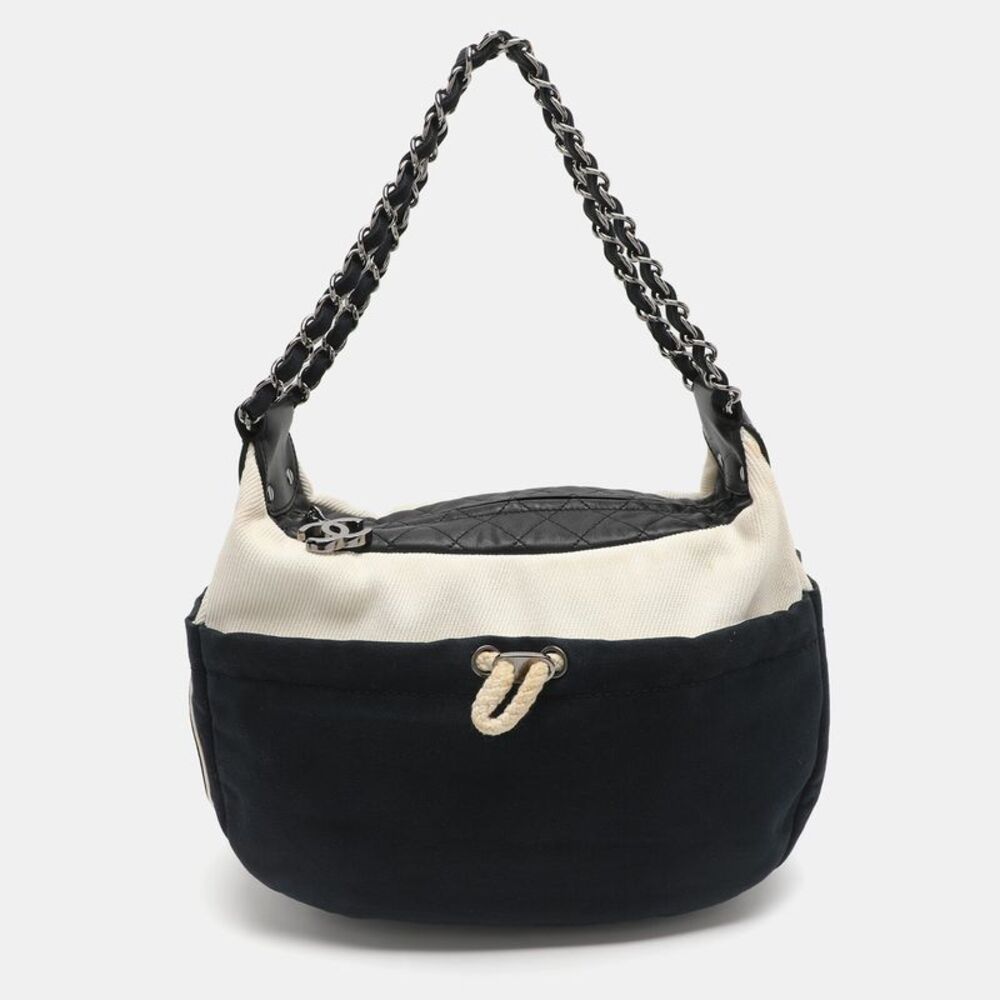 Chanel Cc Navy Blue/black Canvas And Leather Tote